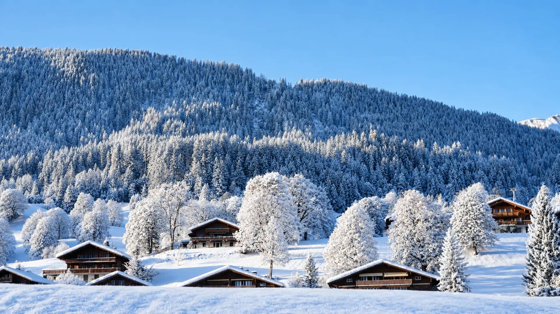 Chalets savoyards enneigés dans une vallée alpine en hiver