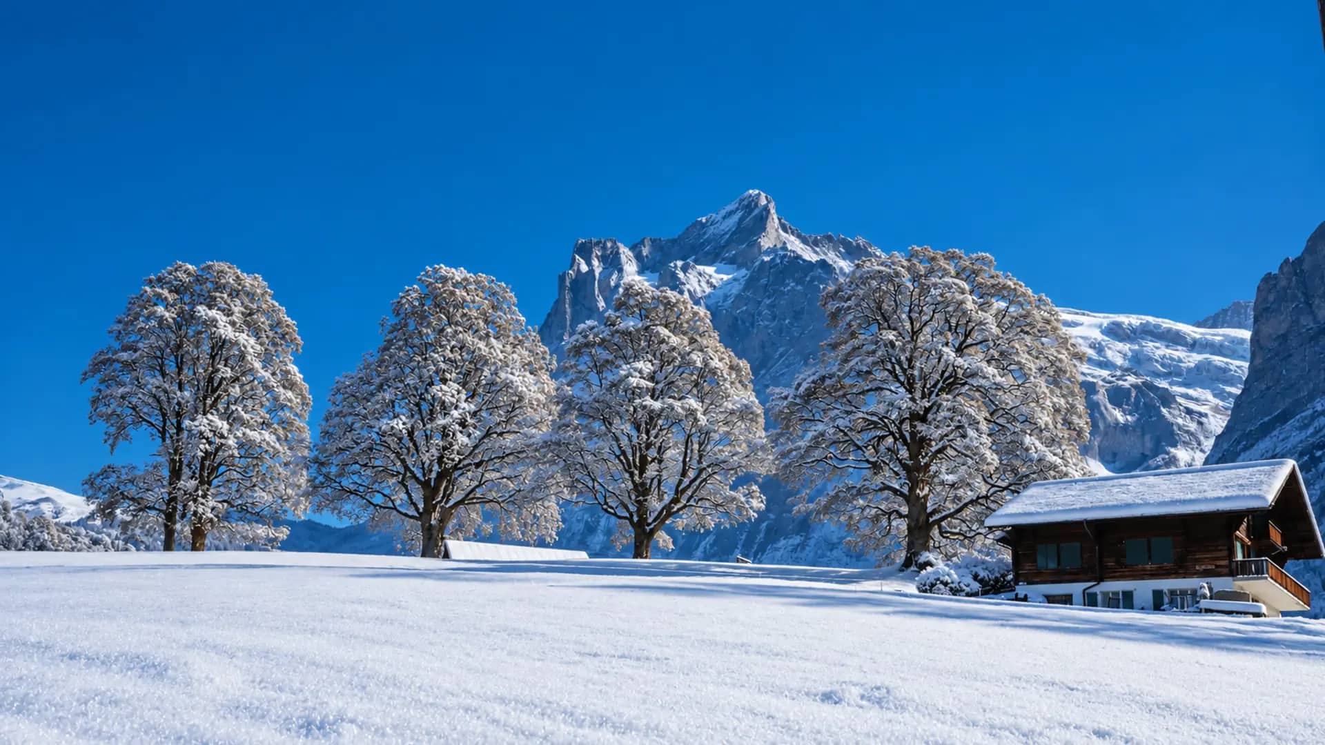 Paysage alpin enneigé face au Massif du Mont Blanc en hiver